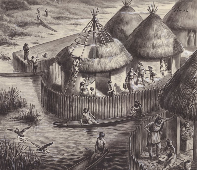 Mieszkańcy jeziora w Glastonbury (gwasz na papierze) autorstwa C.L. Doughty