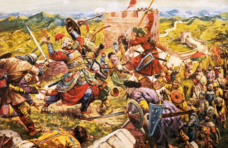 Mongolscy żołnierze przełamujący Wielki Mur Chiński autorstwa C.L. Doughty