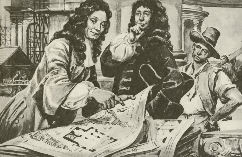 Sir Christopher Wren, architekt katedry św. Pawła w Londynie (litografia) autorstwa C.L. Doughty