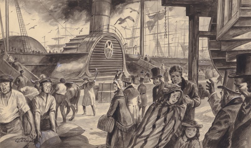 Statek parowy Cunard Company The Britannia, który rozpoczął dwutygodniowe rejsy do Ameryki w 1840 roku (gwasz na papierze) autorstwa C.L. Doughty