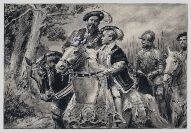 Lord protektor, książę Somerset, przewozi młodego króla Edwarda VI do Windsoru (gwasz na papierze) autorstwa C.L. Doughty