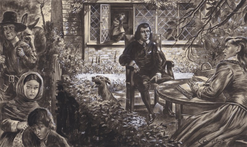 Poeta John Milton w swoim ogrodzie z córkami (gwasz na papierze) autorstwa C.L. Doughty