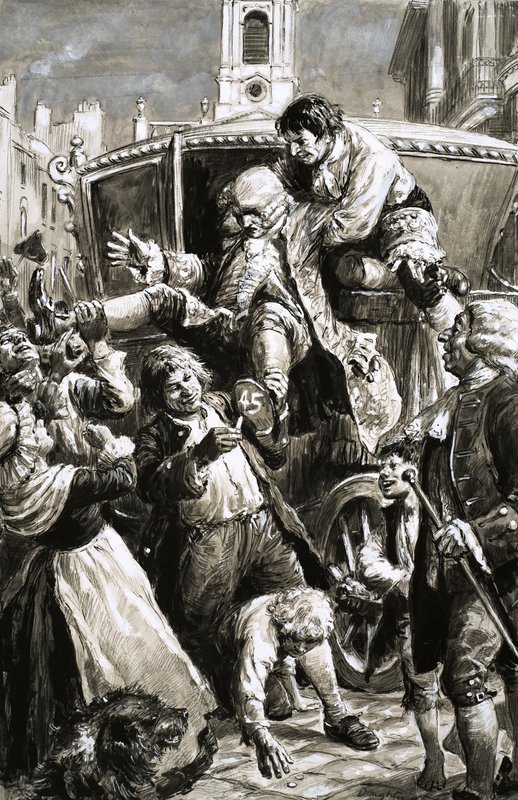 Niezidentyfikowana scena (XVII/XVIII wiek) przedstawiająca mężczyznę wyciąganego z powozu autorstwa C.L. Doughty