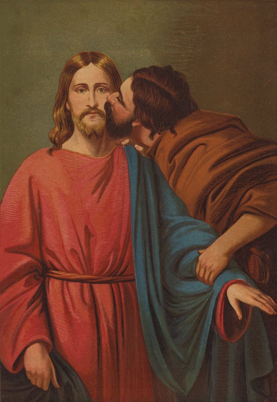 Judasz zdradzający pocałunkiem (kolorowa litografia) autorstwa C.M. Gonne