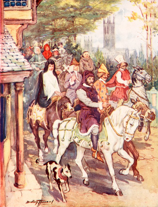 Chaucer jadący z pielgrzymami do Canterbury (litografia kolorowa) autorstwa C. Dudley Tennant