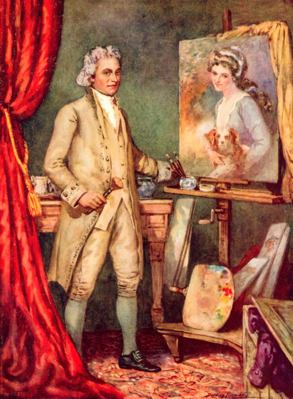 George Romney maluje obraz Lady Hamilton (litografia kolorowa) autorstwa C. Dudley Tennant