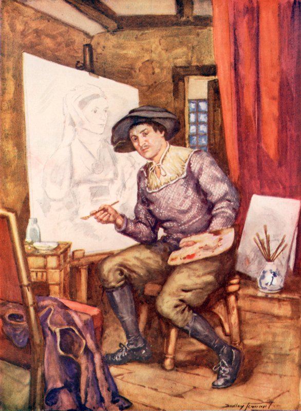 Hans Holbein trabalhando em seu estúdio (litho de cor) polonês autorstwa C. Dudley Tennant