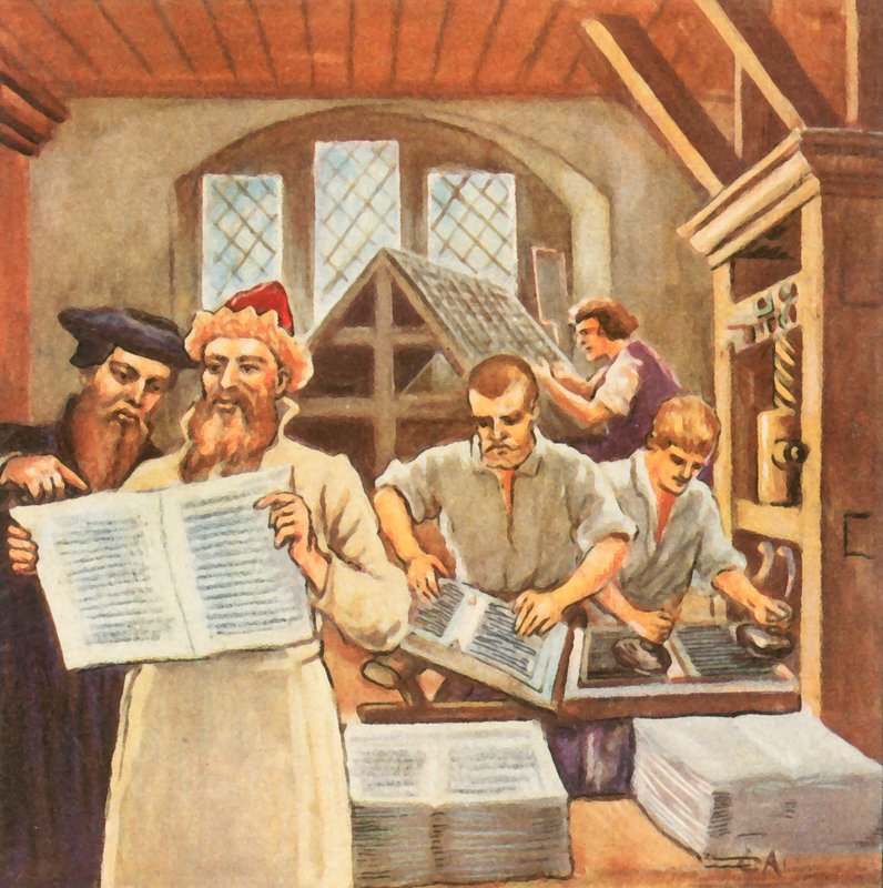 Gutenberg drukuje Biblię (ulepszona kolorowa litografia) autorstwa Carl Arriens