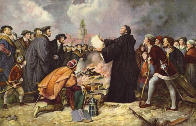 Marcin Luter pali bullę papieską w 1520 r. (kolor lito) autorstwa Carl Friedrich (after) Lessing