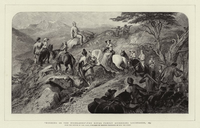 Poranek w Highlands, rodzina królewska wstępująca do Lochnagar, 1853 autorstwa Carl Haag