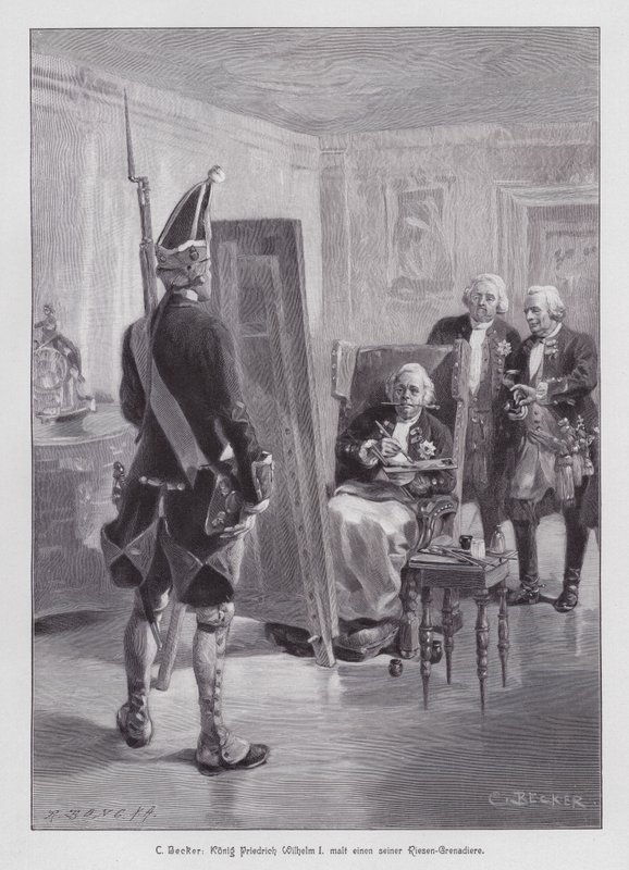 Król pruski Fryderyk Wilhelm I maluje grenadiera swojej Poczdamskiej Gwardii (rycina) autorstwa Carl Ludwig Friedrich (after) Becker