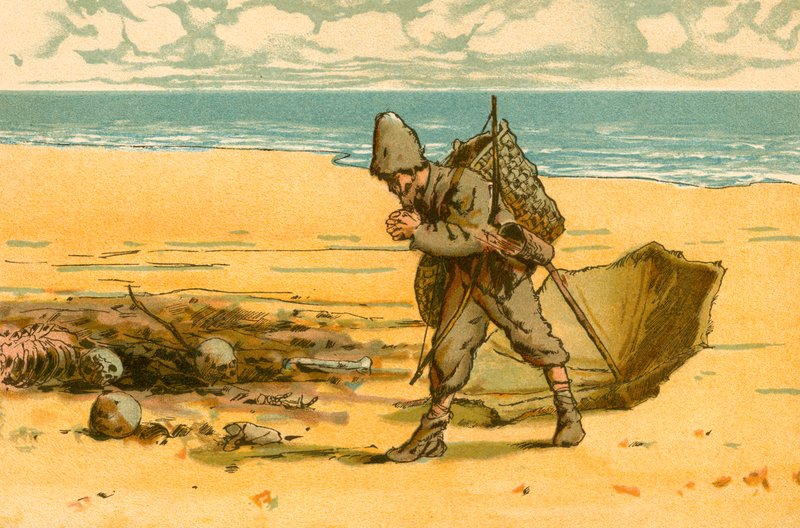 Robinson Crusoe widzi plażę usianą ludzkimi czaszkami i ludzkimi kośćmi autorstwa Carl Marr