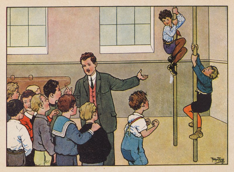Chłopcy wspinający się na drążki w siłowni (kolorowa litografia) autorstwa Carl Robert Arthur Thiele