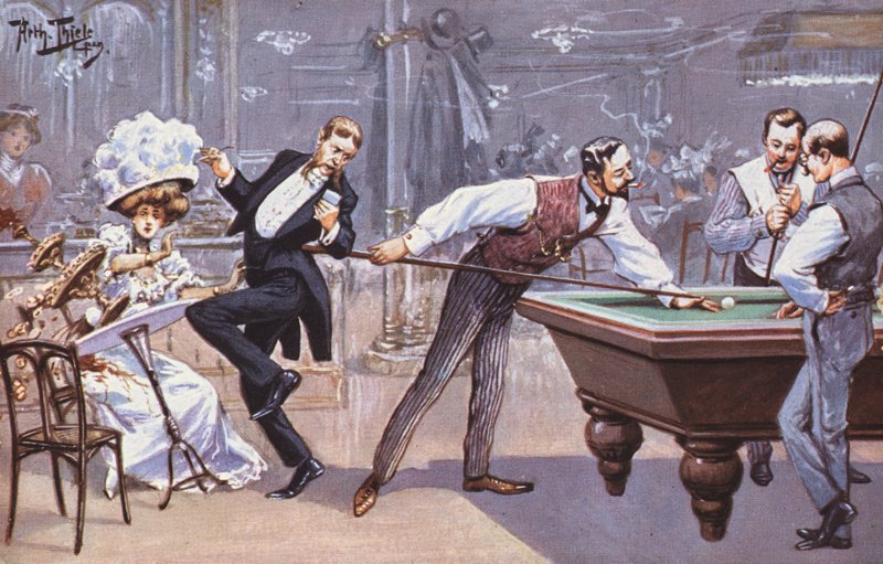 Komiczna scena w sali bilardowej (kolor lito) autorstwa Carl Robert Arthur Thiele