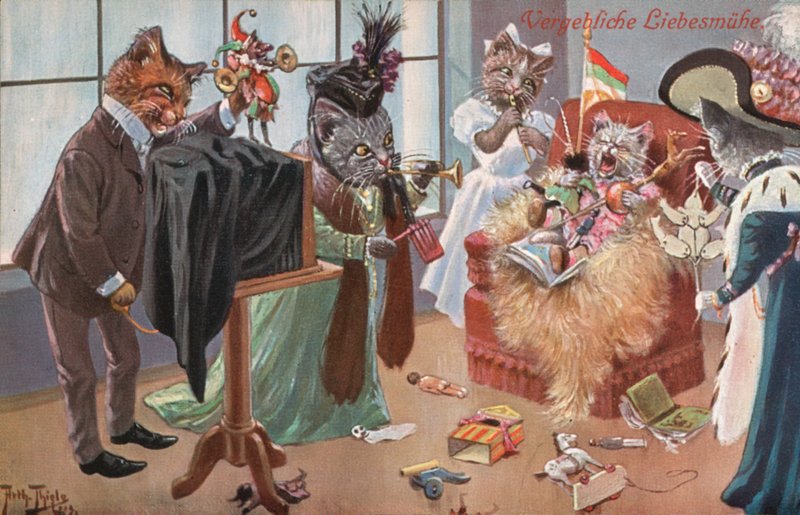 Humorystyczna pocztówka z kotem (kolorowa litografia) autorstwa Carl Robert Arthur Thiele