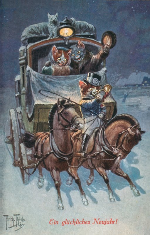 Humorystyczna pocztówka z kotem (kolorowa litografia) autorstwa Carl Robert Arthur Thiele