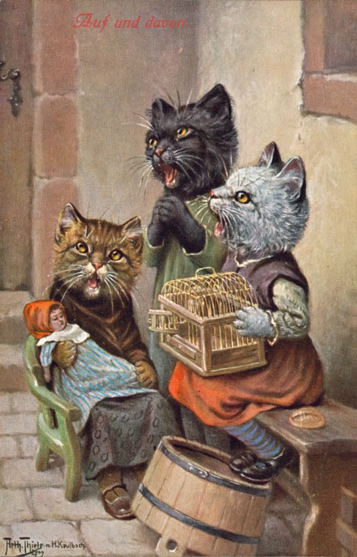 Humorystyczna pocztówka z kotem (kolorowa litografia) autorstwa Carl Robert Arthur Thiele