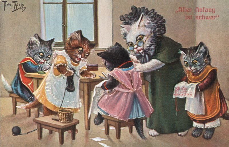 Humorystyczna pocztówka z kotem (kolorowa litografia) autorstwa Carl Robert Arthur Thiele