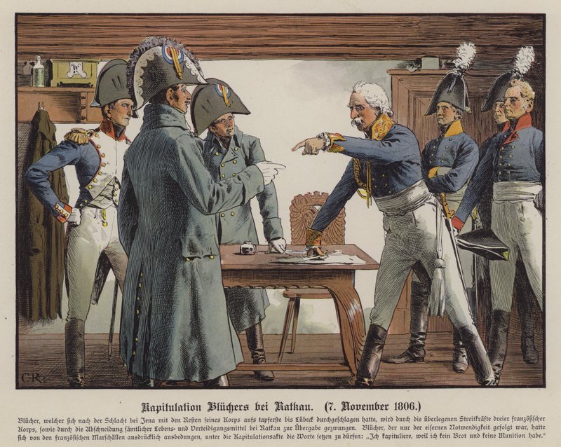 Feldmarszałek Blucher poddanie się Francuzom w Katekau, 7 listopada 1806 (kolor lito) autorstwa Carl Röchling