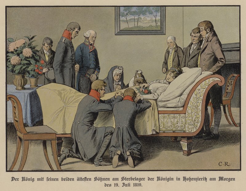 Król Fryderyk Wilhelm III Pruski i jego dwaj najstarszi synowie przy łożu śmierci królowej Luizy rankiem 19 lipca 1810 r. (kolor lito) autorstwa Carl Röchling