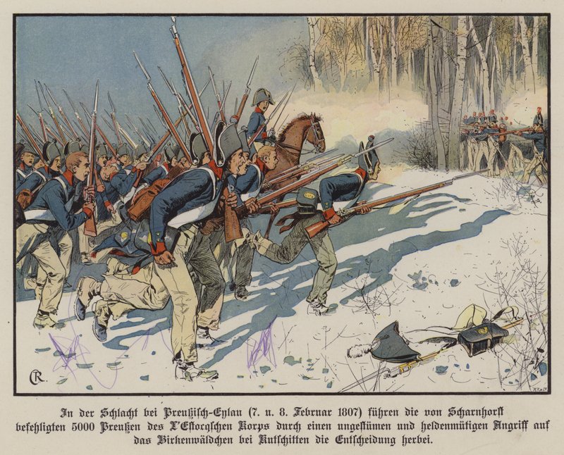 Piechota pruska atakująca w bitwie pod Eylau, 7-8 lutego 1807 (kolor lito) autorstwa Carl Röchling