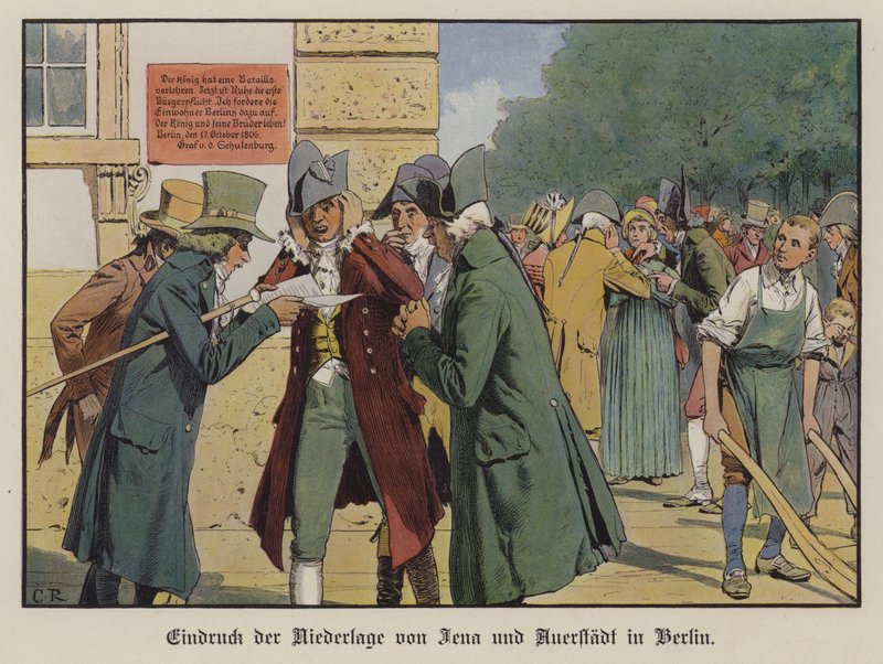 Efekt wiadomości o klęsce Prus w bitwie pod Jena-Auerstadt na ulicach Berlina (litografia kolorowa) autorstwa Carl Röchling