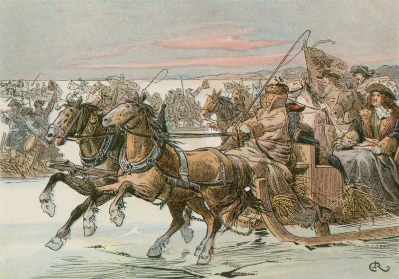 Fryderyk Wilhelm, Wielki Elektor (1620-1688), przekraczając Zalew Kuroński saniami w wyprawie przeciwko Szwedom w 1678 r. autorstwa Carl Rohling