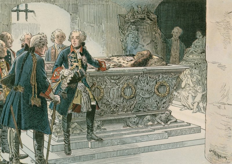 Fryderyk Wielki (1712-1786) przy trumnie Wielkiego Elektora autorstwa Carl Rohling