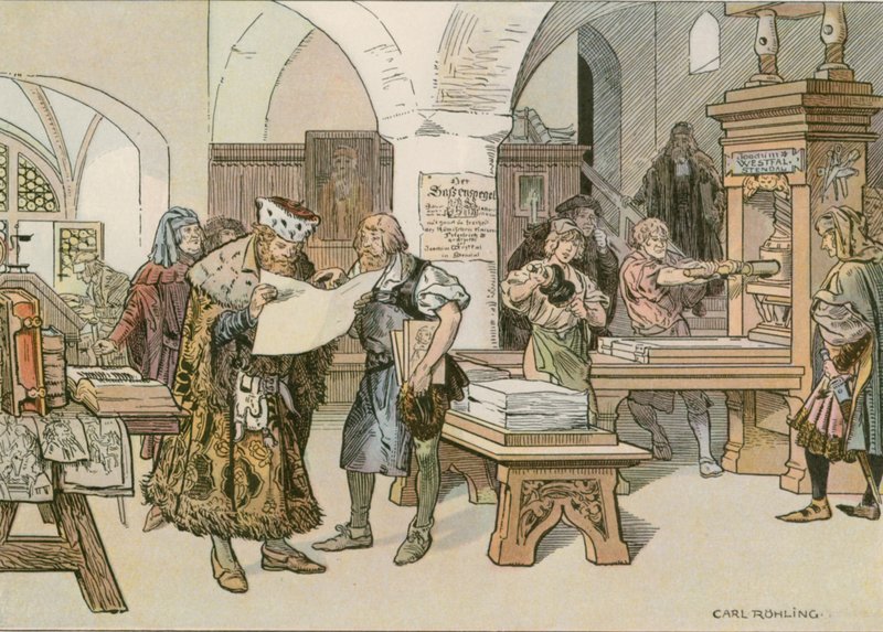 John Cicero uczęszczający do pierwszej drukarni książek w Stendal w 1490 r. autorstwa Carl Rohling
