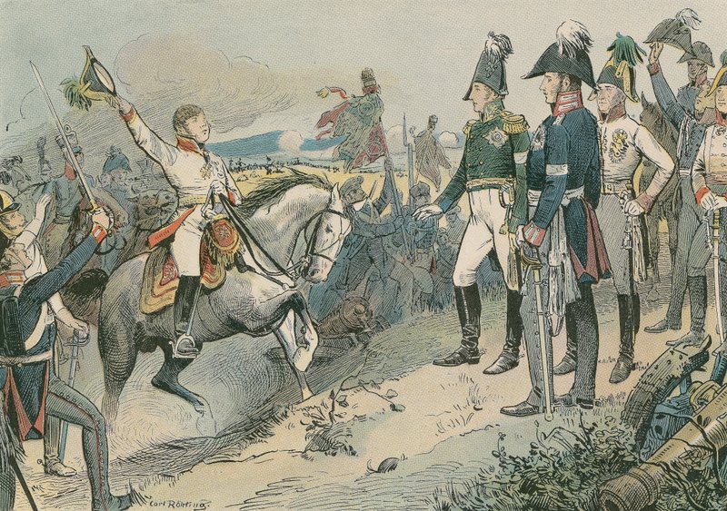 Trzej alianccy władcy w bitwie pod Lipskiem w 1813 roku. autorstwa Carl Rohling