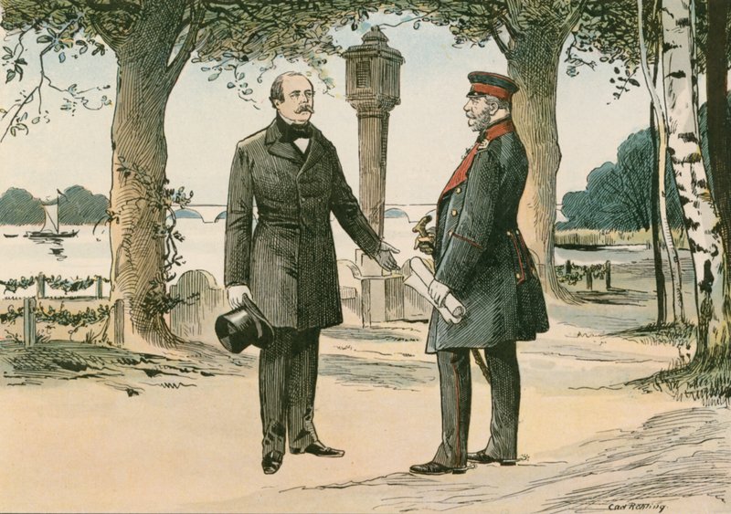 Wilhelm I, król pruski i pierwszy cesarz niemiecki (1797-1888) i Otto von Bismarck, niemiecki mąż stanu (1815-1898), w Babelsbergu w 1862 r. autorstwa Carl Rohling