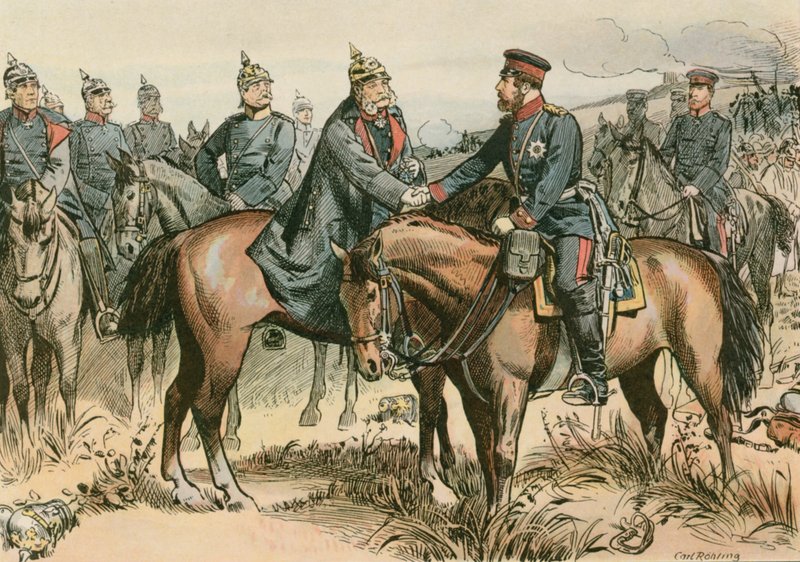 Wilhelm I, król pruski i pierwszy cesarz niemiecki (1797-1888) witający syna w Sadowej w 1866 r. autorstwa Carl Rohling