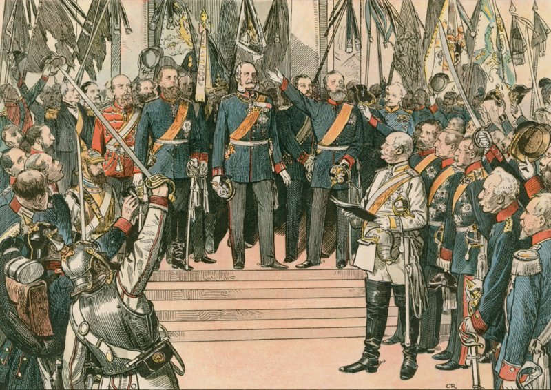 Wilhelm I, król pruski i pierwszy cesarz niemiecki (1797-1888), zostaje uznany za cesarza nowo zjednoczonego Cesarstwa Niemieckiego na mocy traktatu wersalskiego w 1871 r. autorstwa Carl Rohling