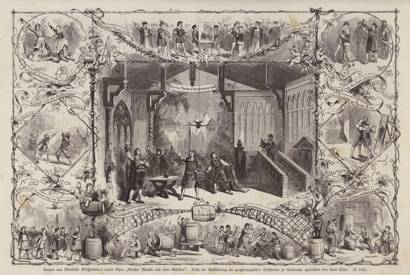 Sceny z opery Meister Martin und Seine Gesellen (Mistrz Martin i jego towarzysze) niemieckiego kompozytora Wendelina Weissheimera, wykonane w Grossherzoglichen Hoftheater, Karlsruhe, Niemcy (ryty) autorstwa Carl Thiel