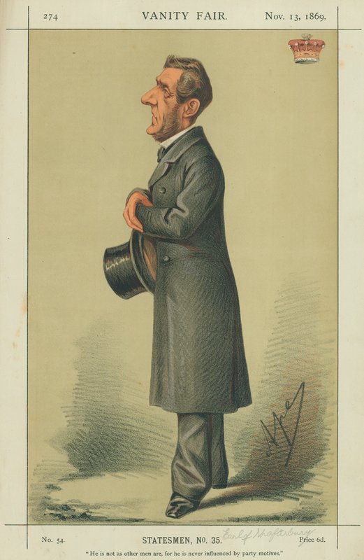 Hrabia Shaftesbury, On nie jest taki jak inni ludzie, ponieważ nigdy nie ma na niego wpływu motyw partii, 13 listopada 1869, rysunek Vanity Fair autorstwa Carlo Pellegrini