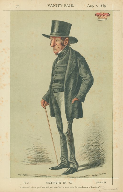 Książę Somerset, dumny i szczery, a jednocześnie liberalny i sprawiedliwy, odmówił służby pod rządami tego najskromniejszego z premierów, 7 sierpnia 1869, karykatura Vanity Fair autorstwa Carlo Pellegrini