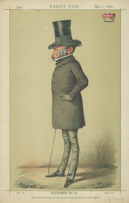 Wicehrabia Sydney, otrzymał Królewskie Dowództwa i wydłużył spódnice Baletu, 1 maja 1869, rysunek Vanity Fair autorstwa Carlo Pellegrini