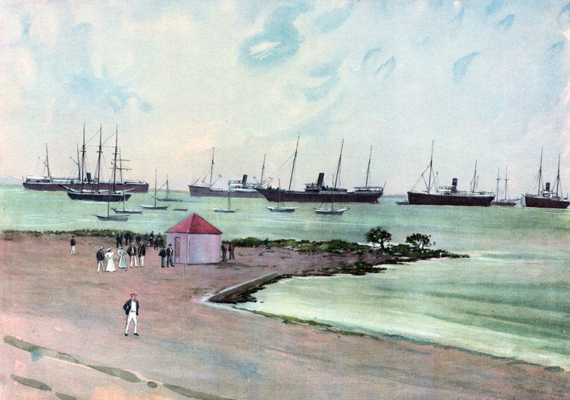 Zdobyte hiszpańskie statki na kotwicy w Man-of-War Harbor, Key West.--Widok z Esplanade w pobliżu koszar armii Stanów Zjednoczonych autorstwa Carlton Theodore Chapman