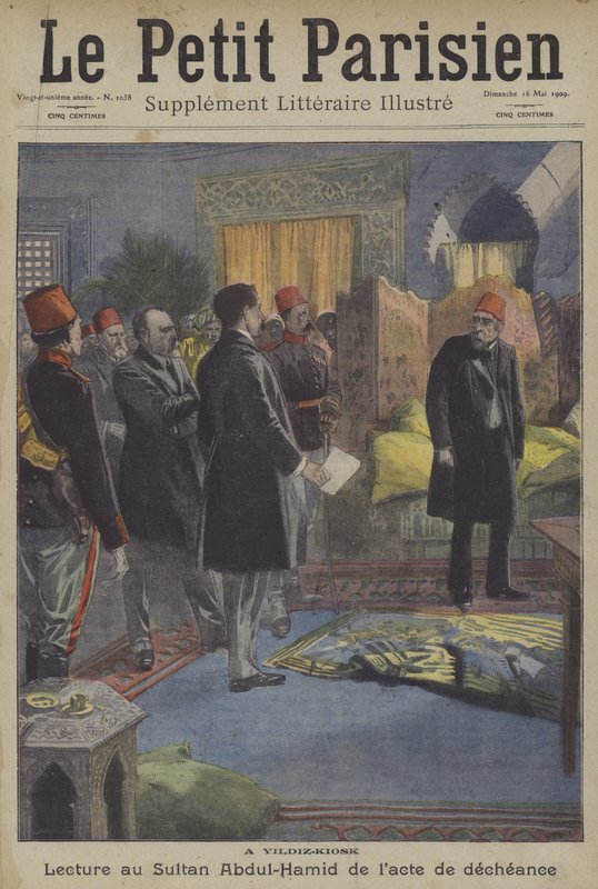 Odczytanie aktu zesłania sułtana Abdula Hamida II w Pałacu Yildiz w Konstantynopolu autorstwa Carrey