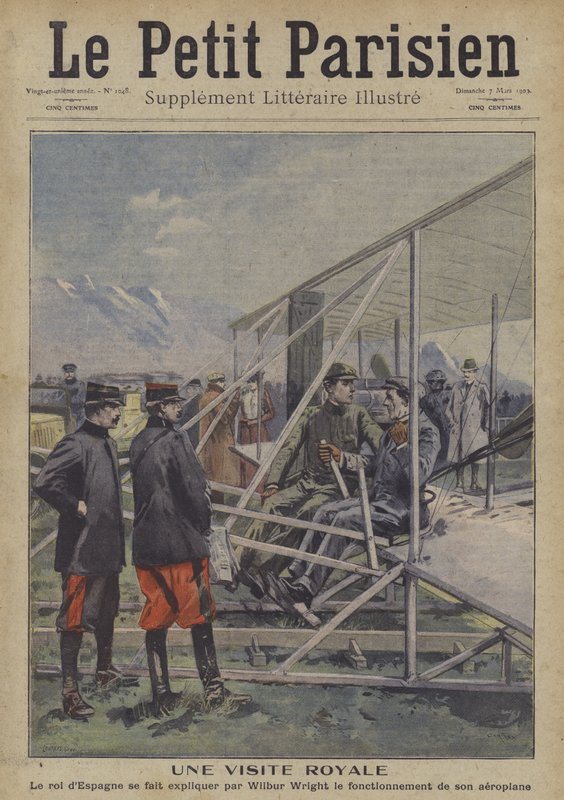 Wilbur Wright wyjaśniający działanie swojego samolotu królowi Hiszpanii Alfonsowi XIII autorstwa Carrey