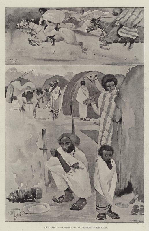 Somaliland w Crystal Palace, wewnątrz Somali Kraal autorstwa Cecil Charles Windsor Aldin