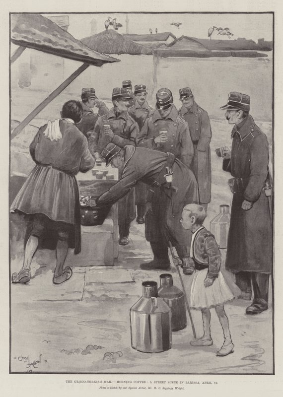 Wojna grecko-turecka, Poranna kawa, scena uliczna w Larisie, 19 kwietnia autorstwa Cecil Charles Windsor Aldin