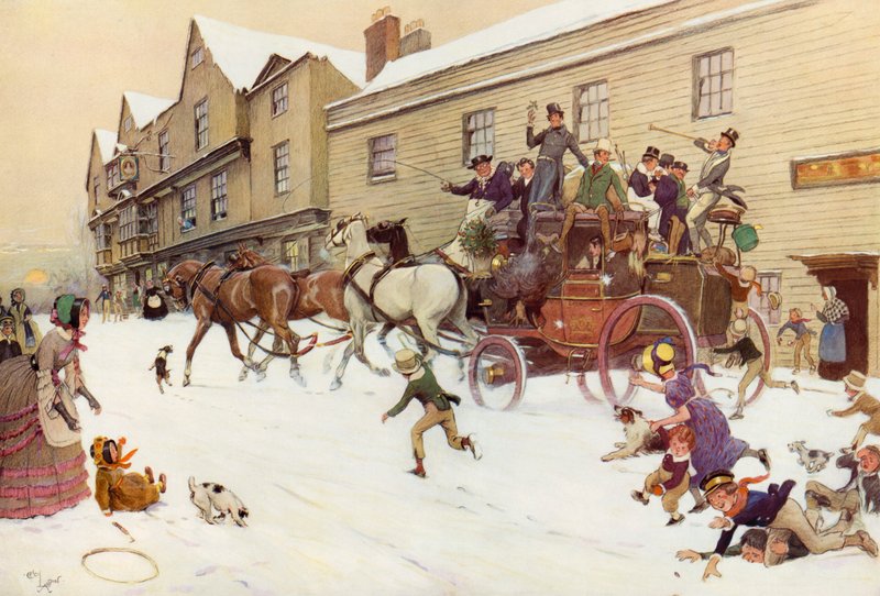 Świąteczny trener w Bell Inn, Hurley, 1830 r autorstwa Cecil Charles Windsor Aldin