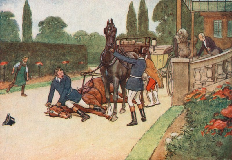 York natychmiast położył się płasko na głowie, aby zapobiec jej zmaganiach autorstwa Cecil Charles Windsor Aldin