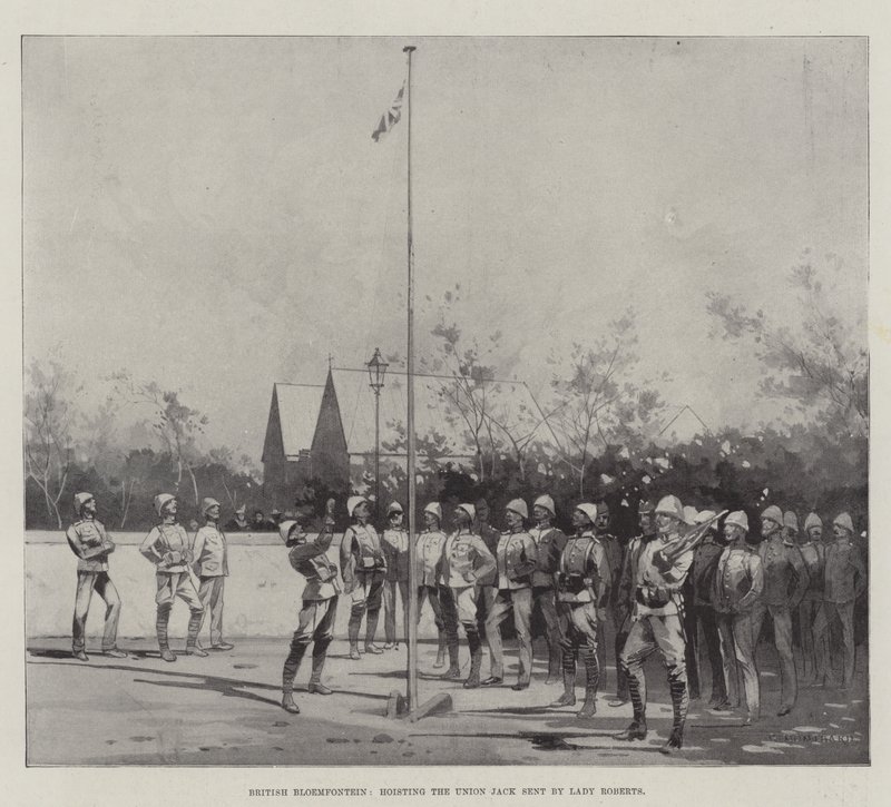 Brytyjski Bloemfontein, podnoszący Union Jack wysłany przez Lady Roberts autorstwa Charles Auguste Loye