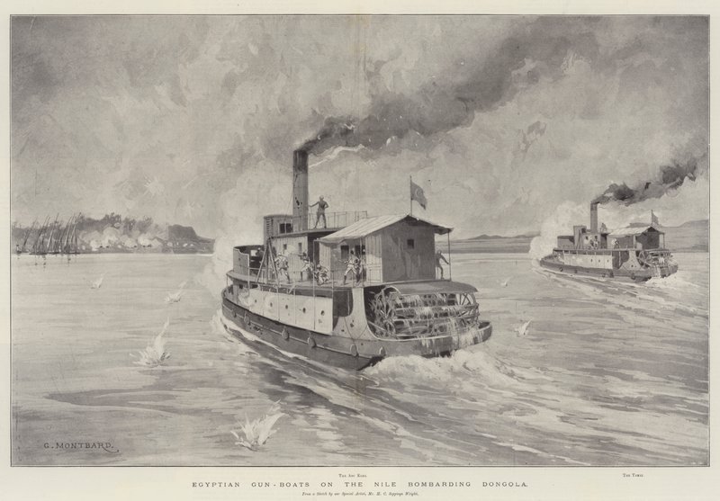 Egipskie kanonierki na Nilu bombardują Dongola autorstwa Charles Auguste Loye