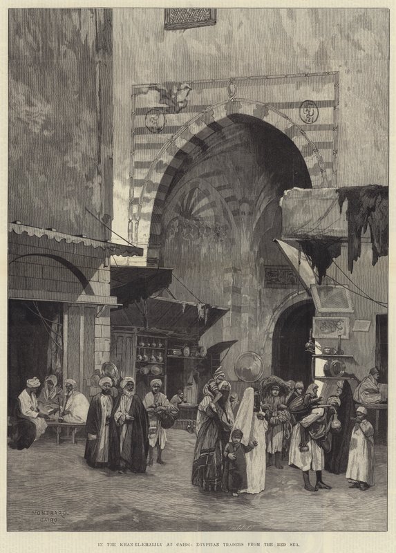 W Khan el-Khalili w Kairze egipscy kupcy znad Morza Czerwonego autorstwa Charles Auguste Loye