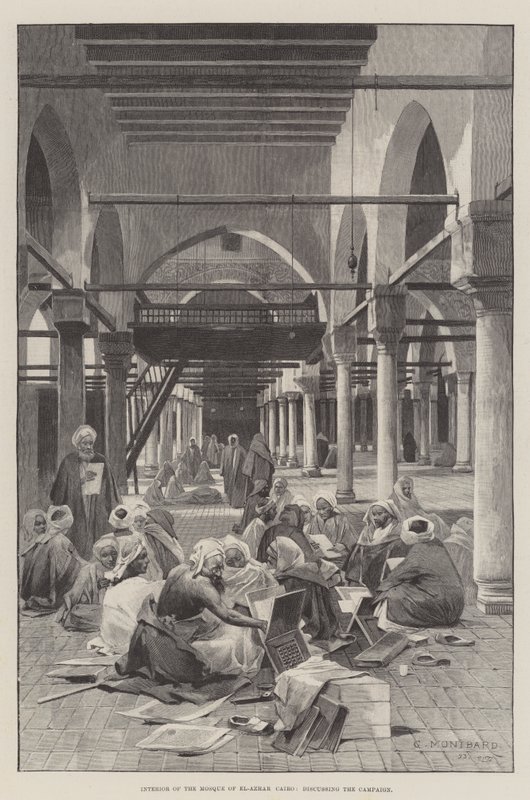 Wnętrze meczetu El-Azhar w Kairze, omawianie kampanii autorstwa Charles Auguste Loye
