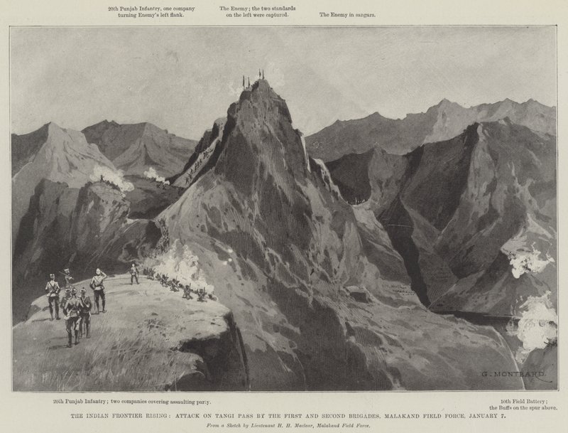 Indian Frontier Rising, atak na przełęcz Tangi przez pierwszą i drugą brygadę, siły polowe Malakand, 7 stycznia autorstwa Charles Auguste Loye