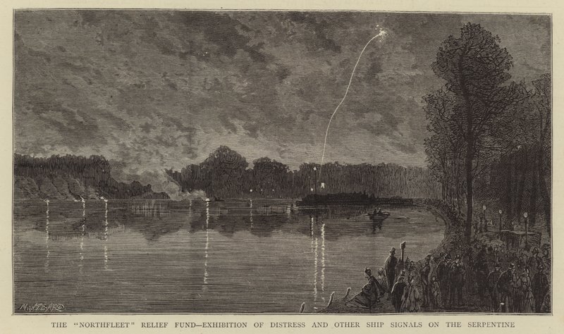 Fundusz Pomocy Northfleet, wystawa o niebezpieczeństwie i inne sygnały okrętowe na Serpentine autorstwa Charles Auguste Loye